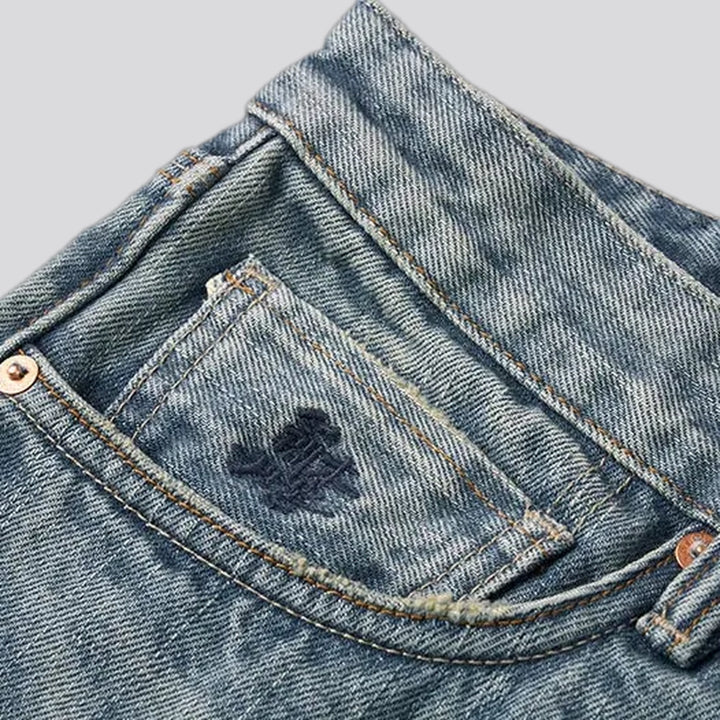 Distressed straight fit selvedge men's jeans